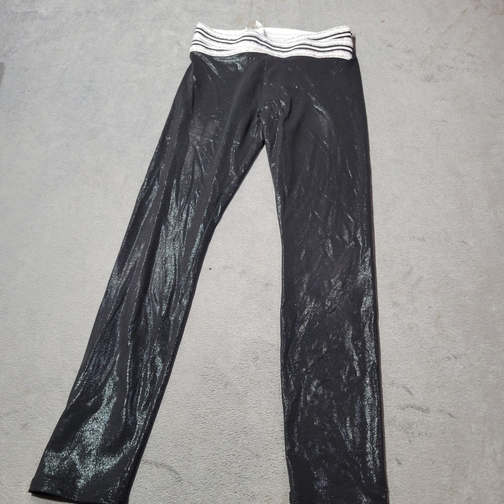 More Than Magic Leggings Girls M 7/8 Black Metallic Shimmer Striped Waistband